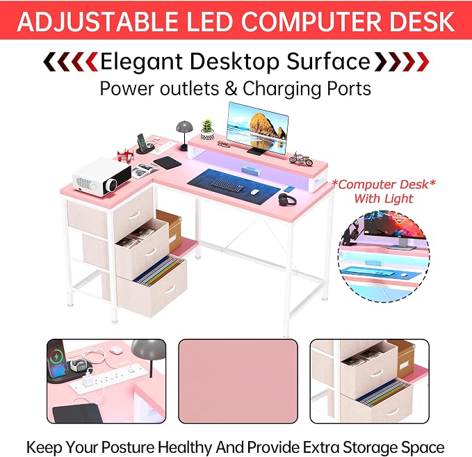 Hetoy L-Shaped Gaming Desk with Power Outlets, Corner Desk with Drawers, Shelves & LED Lights, Computer Desk for Home & Office