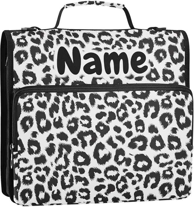Custom Black and White Leopard Print 3 Ring Binder Bag 1.5 inch Personalized Name Binder Organizer 500 Sheet Documents Storage for School Office