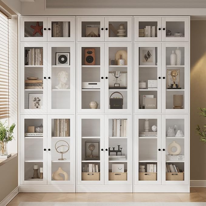 TUSY 85.5" Modern Tall Bookcase with Glass Doors, 7-Tier Wood Bookshelf with Storage for Home Office, Large Curio Cabinet for Living Room, Office, Bedroom, Family Room (White, A)