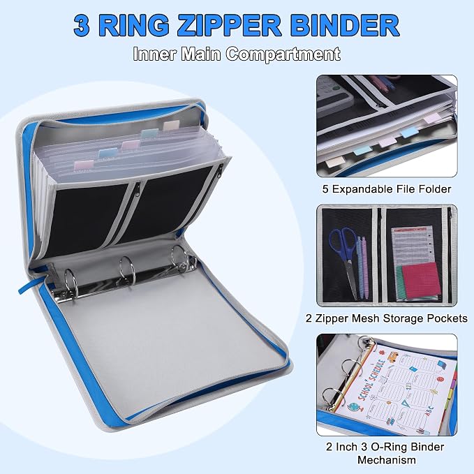 Ndsox Zipper Binder 3 Ring with Handle, 2 Inch O-Ring Document Organizer Middle School Binder with Zipper for Students, 5-Tab Expanding File Folder & 2 Mesh Pouches, DIY Clear Front Pocket, Blue