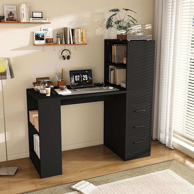 KEIKI L Shaped Computer Desk with 4-in-1 Charging Station, Office Desk with 3 Slide Drawers and 4-Tier Storage Shelves, Modern Wooden Corner Writing Desk for Home Office, Study, Bedroom, Black