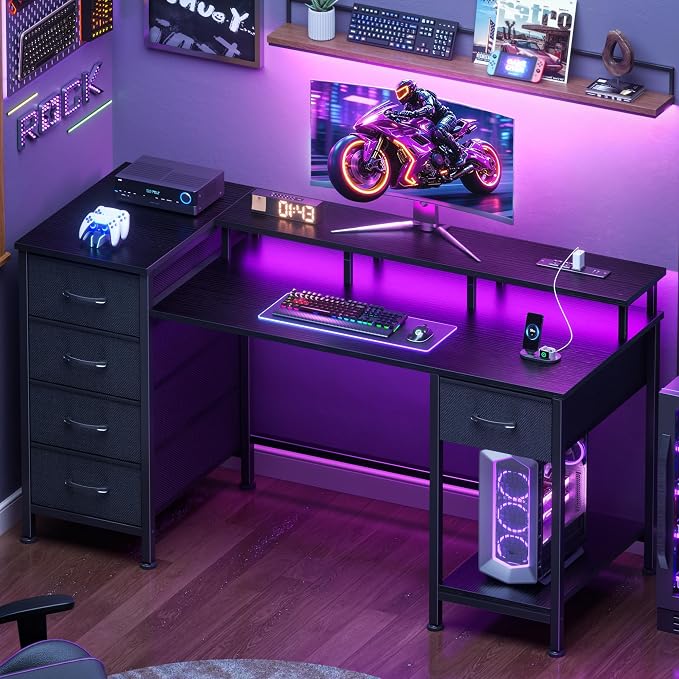 Korfile 47 Inch Gaming Desk with Power Outlets and LED Lights, Reversible Computer Desk with 5 Fabric Storage Drawers, Home Office Desk with Monitor Stand for Working Writing Study, Black | Gaming desk with power outlets &LED lights,reversible design w...