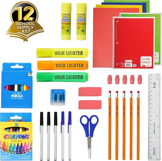 Moda West 12 Pack Bulk School Supplies 52 Piece Kit- Pens, Pencils, Crayons, and More - Essential Box of School Supplies for Elementary, Middle, and High School Students