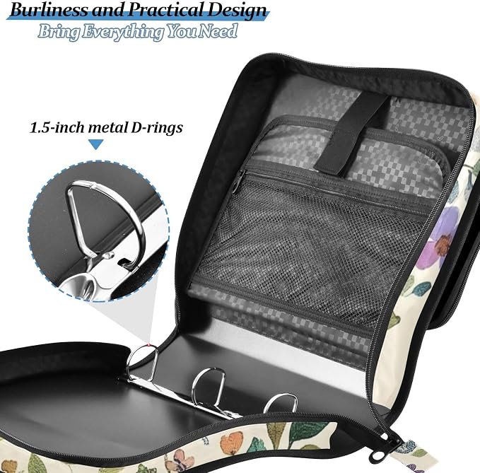 3 Ring Zipper Binder with Shoulder Strap Tree Life Birds Floral 1.5 inch Binders Keeper Large Capacity Multi Pockets for School Office Supplies