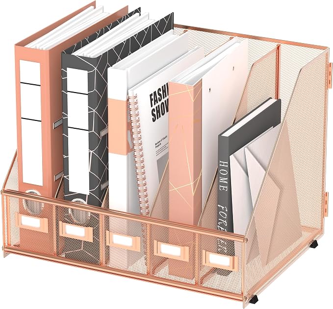 DALTACK 5-Slot Magazine File Holder, Metal Binder Holder, Rose Gold | Iron Mesh Construction, Labeled Sections for Easy Sorting, Anti-Slip Feet, Binder and Folder Storage for Office, Classroom