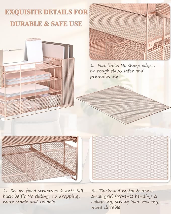 WALI Desk File Organizer, 4 Tier Desktop Paper Letter Tray Organizer with Drawer and 2 Pen Holders, Office Desk Accessories & Workspace Organizers for Office, Home, School Supplies, 1 Pack, Rose Gold