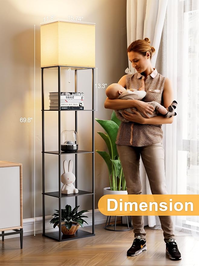 Large Floor Lamp with Shelves, 5-Tier Tall Floor lamp with for Living Room, Shelf Floor Lamp with 3 CCT LED Bulb, Corner Display Standing Column Lamp, Etagere Organizer Tower Nightstand for Bedroom