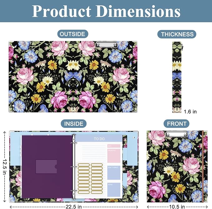 3 Ring Binder, 1 Inches Round Ring Binder with Clipboard, Dividers Tabs, PVC Zipper Bag Sleeves & to Do List Planners for Women, Men, School, Office Supplies, Flowers