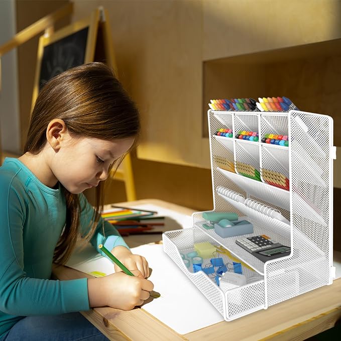 BOHDK Pen Organizer for Desk, Multi-Functional Desk Organizer, Wall Mount Pen Holder with Drawer for School, Office, Home, Art Supplies, White