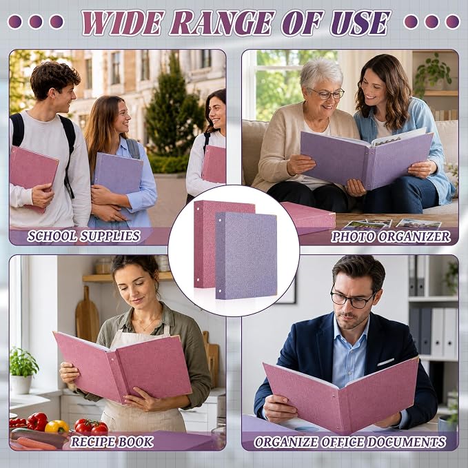 Fulmoon 2 Pcs Aesthetic 3 Ring Binders with Linen Cover 1 Inch Round Rings Binder with Inner Pocket 8.5" x 11" Binder Fits Letter Sized Durable for School Office and Home(Pink, Lavender)