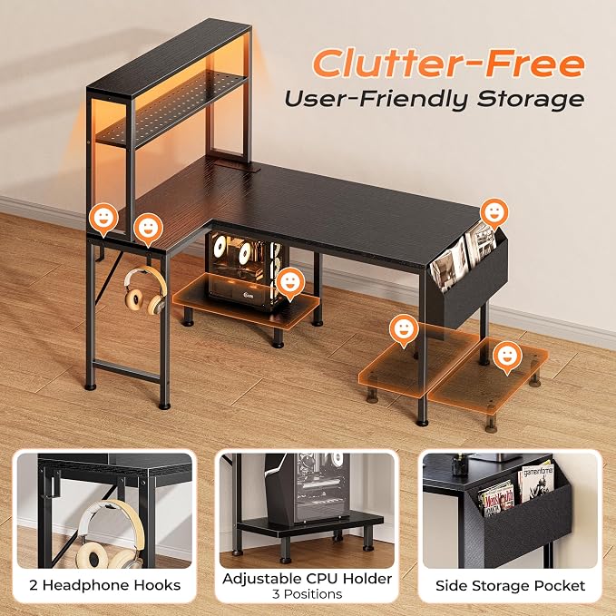 L Shaped Gaming Desk with LED Lights & Power Outlets | Reversible Computer Desk with Storage Shelves & Bag, Small Corner Home Office Desk with Pegboard for Work from Home, Black