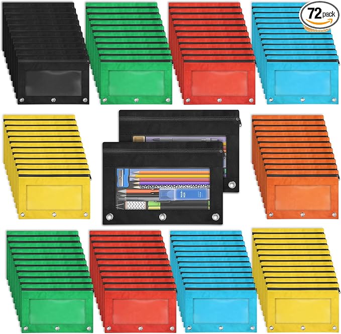 72 Pack Pencil Pouch For 3 Ring Binder | Pencil Pouch In 6 Assorted Colors, Smooth Zipper Pencil Pouches Bulk For School and Office Supplies With Clear Window