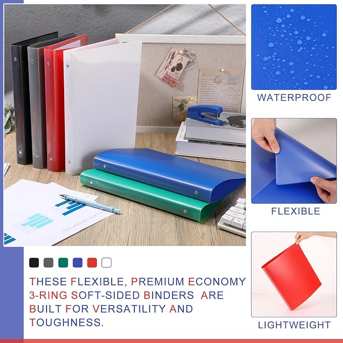 Fulmoon 48 Pack 3 Ring Plastic Binders 1 Inch Bulk with 2 Pockets, Flexible Binder Loose Leaf Hardcover, Fit 12" x 10" US Letter Size Paper, for School Office Home, 6 Colors(Classic)