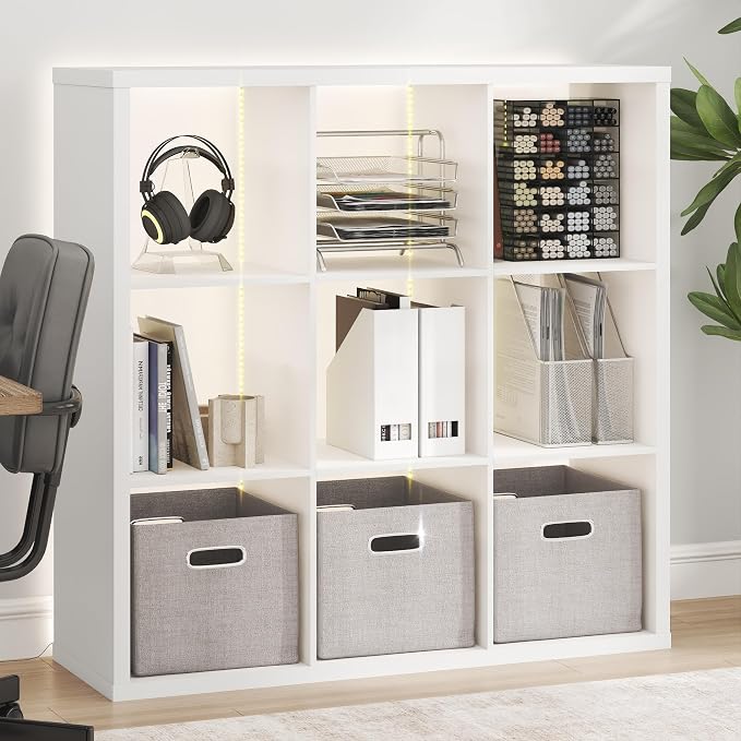 Furinno Cubicle Book Shelf with LED Lights, 9-Cube Bookshelf, Reversible Extra Thick Frame Bookcase, Display Storage Shelves, for Living Room, Bedroom, Home Office, White
