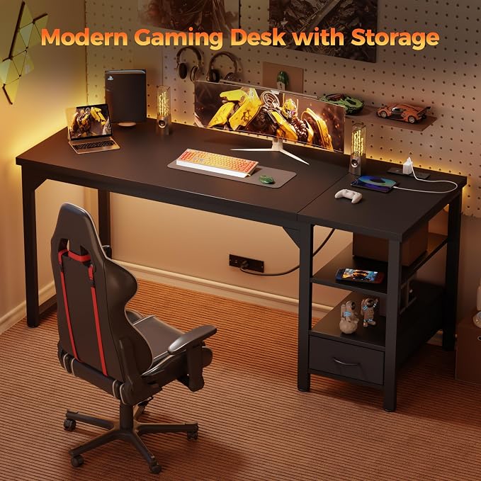 63" Computer Desk with Drawer, 1.2" Thick Reversible Office Desk | Modern Writing Table with Power Outlets & Storage Shelves, Heavy Duty Industrial Executive Desk for Home Bedroom Study Work