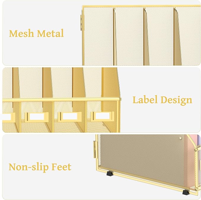 Desk Organizers Metal Desk Magazine File Holder with 5 Vertical Compartments Rack File Organizer for Office Desktop, Classroom, Home Workspace, Gold