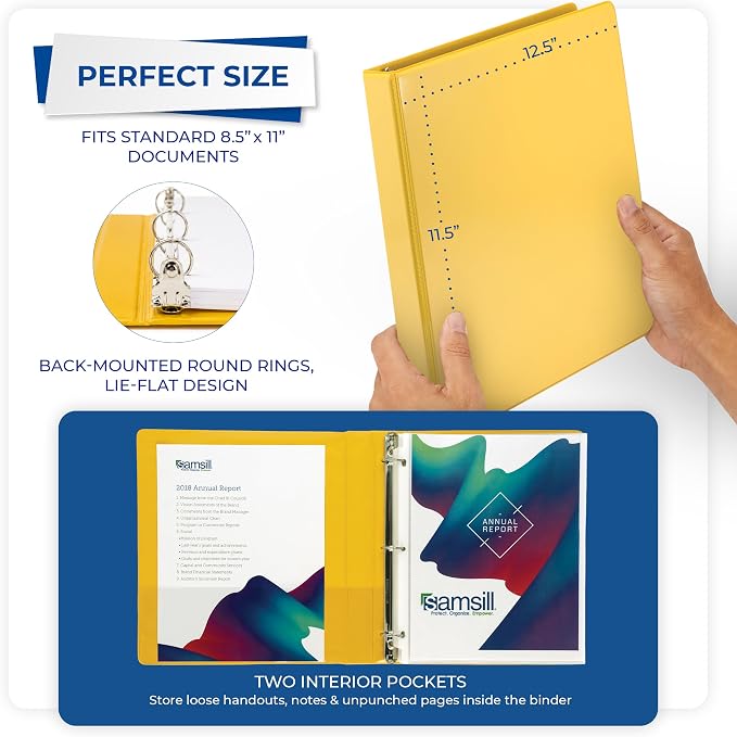 Samsill Economy 3 Ring Presentation View Binder, 1 Inch Round Ring, Yellow – Holds 200Sheets, Customizable Clear View Cover(18531)