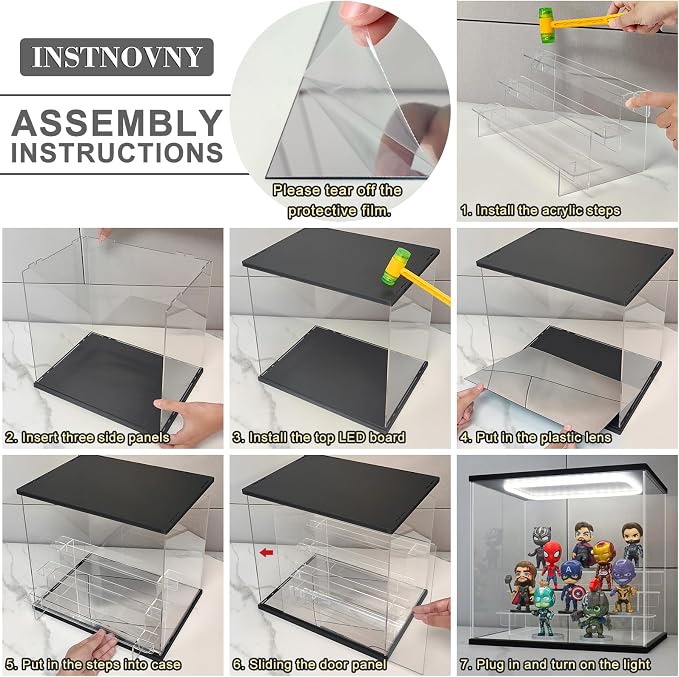 Clear Acrylic Display Case with Light 3 Tier Display Storage Box Assembly Dustproof Showcase for Collectibles Action Figures(Black, 12.0*6.9*9.4inch)