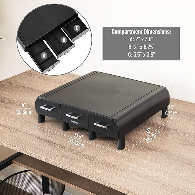 Mind Reader Monitor Stand, 3 Storage Drawers, Desktop Organizer, Riser, Office, 13.5"L x 13"W x 4"H, Set of 2, Black