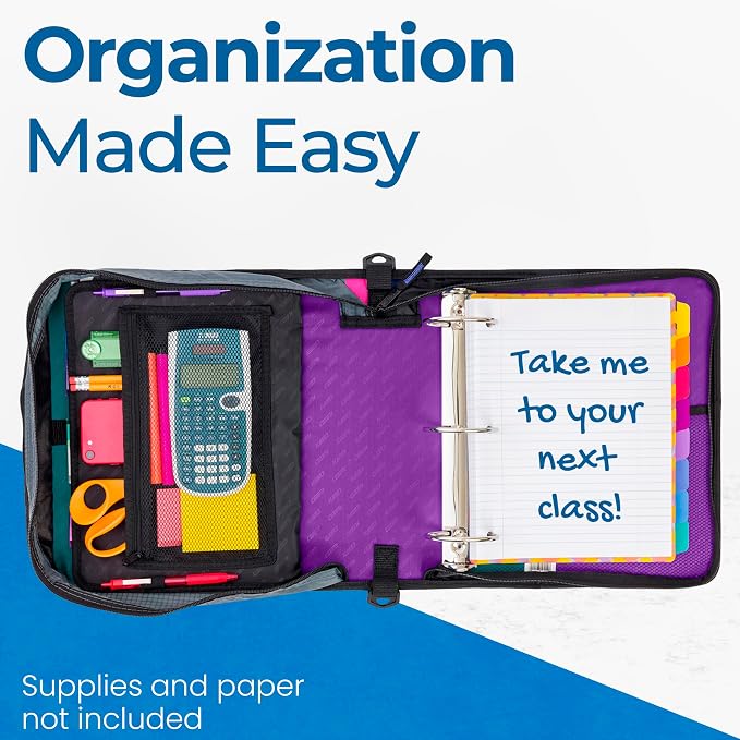 Case-it School Zipper Binder | 3" O-Rings | 600-Sheet | D-146 Deep Purple | Mighty Zip Tab, 5-Subject Expanding File Folder, Multiple Pockets, Storage Organizer, Shoulder Strap, 6-Pack, Office