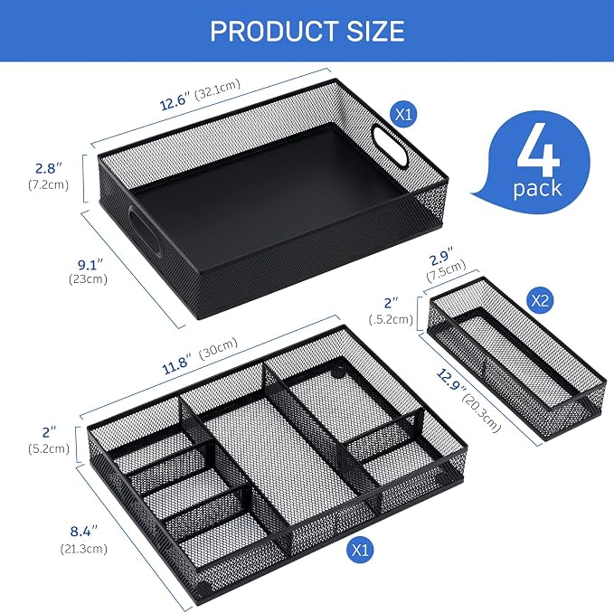 Neudeco Desk Drawer Organizer, 4 Pack Metal Mesh, Black | Adjustable Dividers, Stackable, Pen Organizer, Office Supplies Organizer