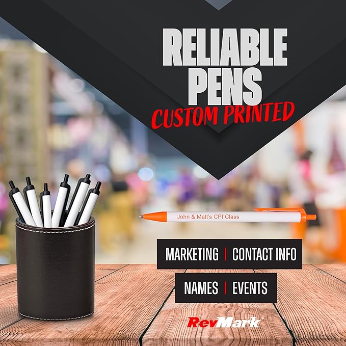 RevMark Personalized Ballpoint Pen, Custom Printed Name, Business or Event Information, Timeless Advertising, USA Made Pens, Promotional Marketing, Smooth Black Ink, Bulk Pack (Orange,100 Ct)