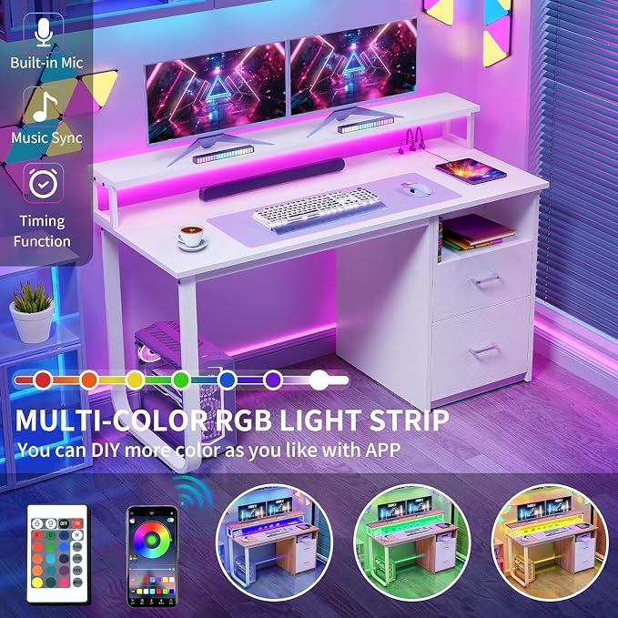 DWVO 47" Office Desk with Drawers, Monitor Stand, Power & LED, White | Built-In Power Outlets, Led Light, Monitor Stand, Storage Space, For Home Office Study, Easy Assembly
