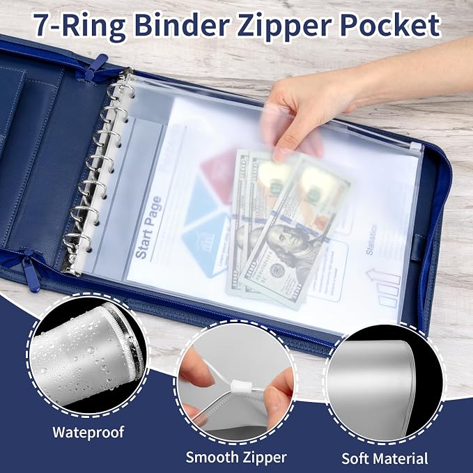 Smarpau 7 Ring PU Leather Check Binder with Zipper Pouch, Holds 600 Checks, Executive Size for 9 13 Inch Sheets, Blue