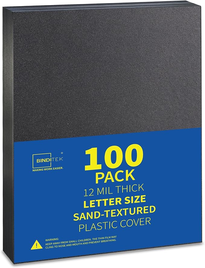 Binditek 12 Mil Sand-Textured Binding Covers, Letter Size, Black, 100 Pack | Plastic Binding Covers, 8.5" x 11", Subtle Matte Finish, Square Corners, Unpunched, Ideal for Business Reports and Proposals