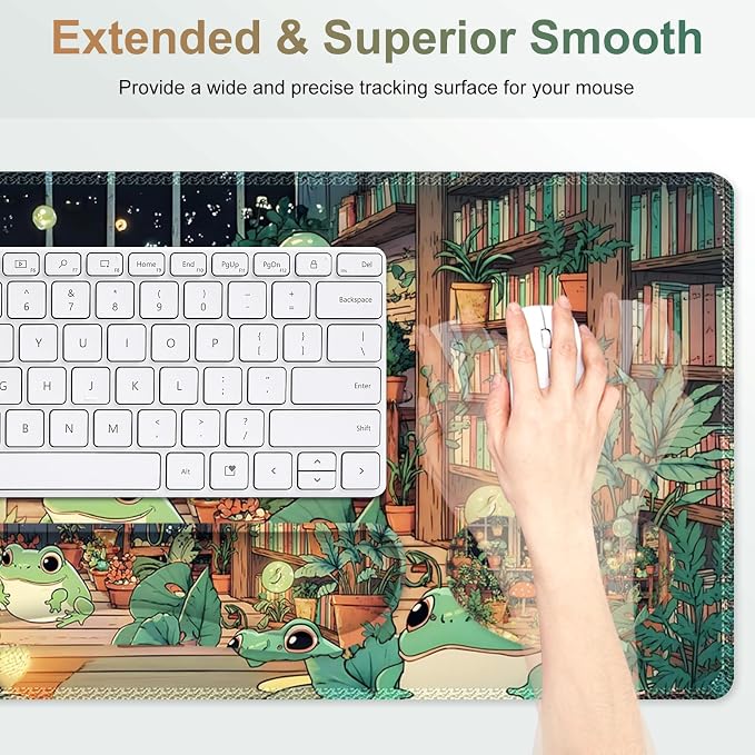 Large Gaming Mouse Pad Set, 4 in 1 Ergonomics Keyboard Desk Mat with Memory Foam Wrist Rest, Computer PC Extended Game Mousepad, Non-Slip Desk Matt Easy Typing Pain Relief I Frog & Mushroom