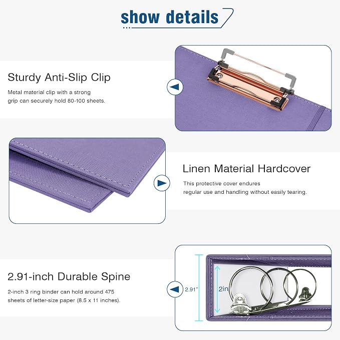 Ospelelf 2 Inch 3 Ring Binder Organizer with Zipper Pouch, Purple Linen Clipboards Portfolio (8.5" x 11"), 5 Plastic Folders with 10 Pockets, Hardcover School Binder