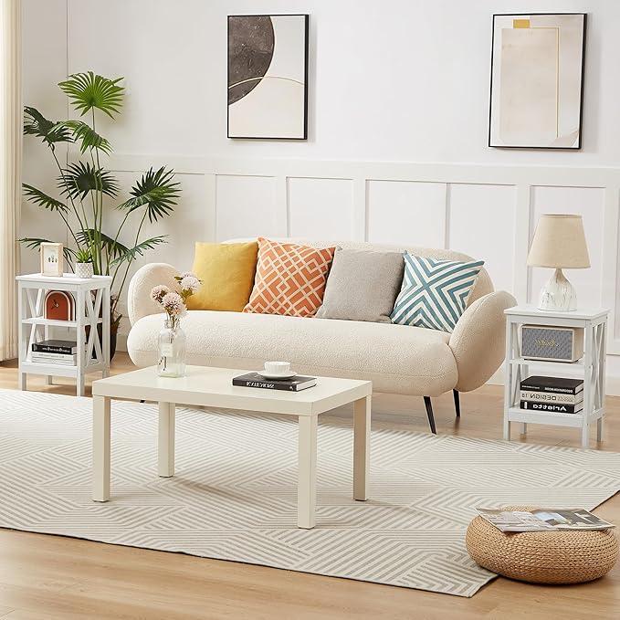 VECELO End Table, Bedside Table, 24" Tall Living Room End Tables, X-Design Reinforced Nightstands, Side Table with 3-Tier Storage Shelves for Small Spaces, Office, Bathroom, Bedroom, Pearl White