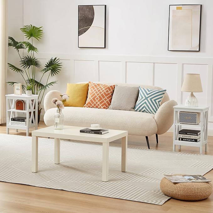 VECELO End Table Set of 2, Bedside Table, 24" Tall Living Room End Tables, X-Design Reinforced Nightstands, Side Table with 3-Tier Storage Shelves for Small Spaces, Office, Bathroom, Bedroom, White