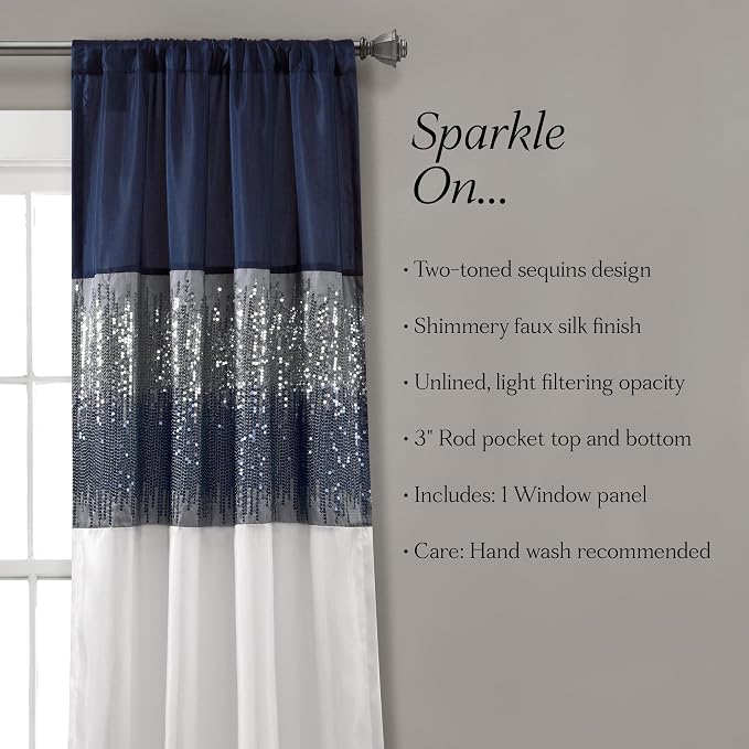 Lush Decor Night Sky Window Curtain Panel, Single,42" W x 108" L, Navy & White - Sequin Curtains - Sparkle & Color Block Design - Modern Glam Decor - Extra Long Curtains For Bedroom & Living Room