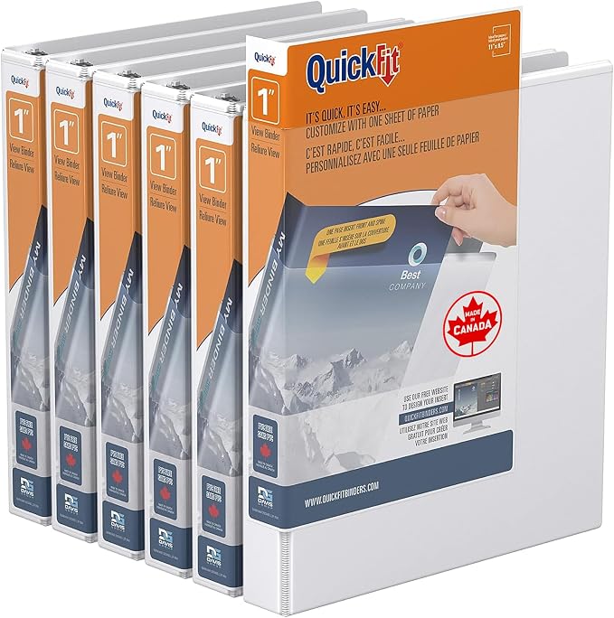 QuickFit View Binder, 3-Ring Binder for School or Office, D Ring, White, 6 Pack, 1 Inch | Heavy-duty binder, fits 8.5" x 11" paper, white, customizable cover, made in Canada, ideal for school or office use