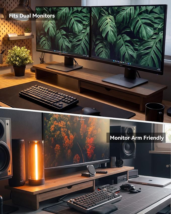 42” Monitor Stand with Large Drawer Keyboard Storage,Dark Bamboo | dual Computer monitor riser shelf for 55-72 inch desk aesthetic workplace computer setup desktop organizer easy assembly