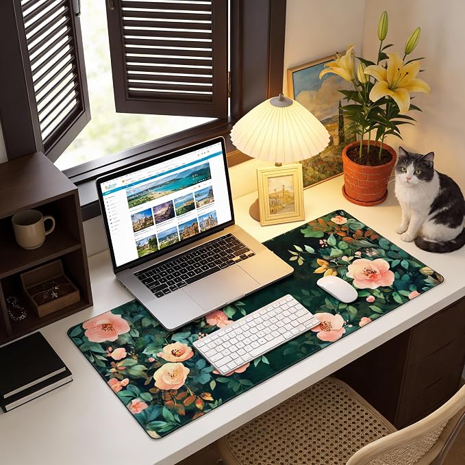 Cute Floral Aesthetic Rose Gaming Mouse Pad, Forest Green Moody Forest Desk Mat with Anti-Slip Base & Stitched Edges,35.4" x 15.7" in Table Mat for Computer Desktop, Beautiful Workstation Decor