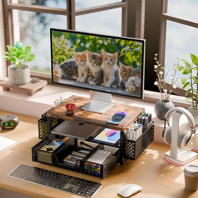Simple Trending Monitor Stand with Drawer, 2-Tier Laptop Stand, Wood | Desk Organizers and Accessories with Drawer and 2 Pen Holders, Wood + Metal Stand Riser for Home Office, 20"W x 10"D x 5.8"H
