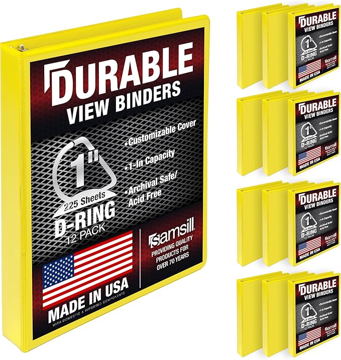 Samsill Durable 1 inch 3 Ring Binder, D Ring Binder, 100% Recycled Chipboard, Yellow, 12 Pack