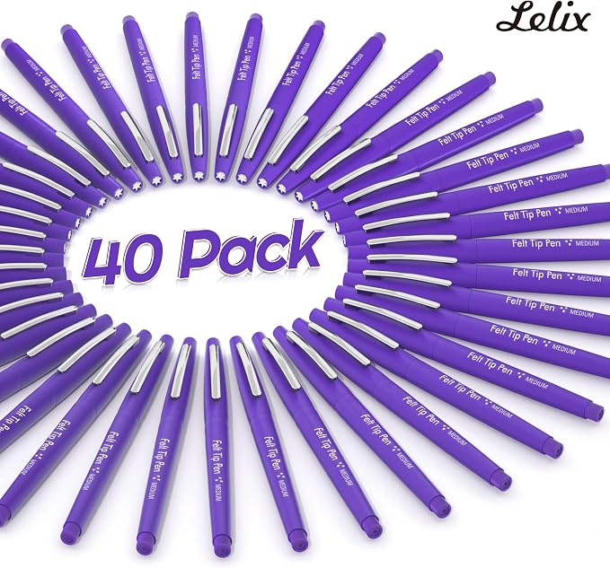 Lelix Felt Tip Pens, 40 Purple Pens, 0.7mm Medium Point, Felt Tip Markers Pens for Journaling, Writing, Note Taking, Planner, Perfect for Art Office and School Supplies