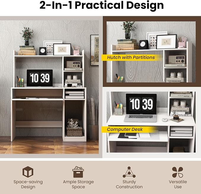 GIANTEX Computer Desk with Hutch, 43.5 Inch Home Office Desk with Keyboard Tray & Charging Station, Laptop PC Table for Workstation, Modern Study Writing Desk for Small Space, Bedroom, White