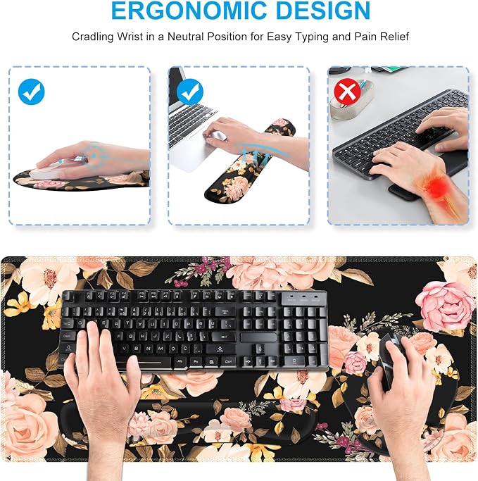 iCasso Floral 4in1 Computer Mat, 35.4"x15.7" Work Mat for Computer | Retro Ergonomic Desk Pad Including Keyboard Wrist Rest, Mousepad Set for Teacher Cubicle Office Computer Setup