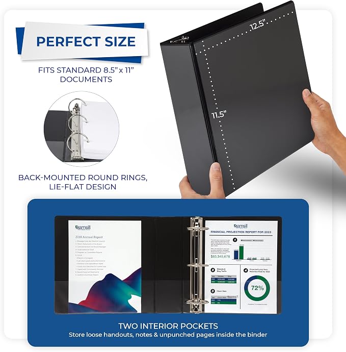 Samsill 3 Inch 3 Ring Binder, Economy Round Ring, Clear View Cover, 550 Sheet Capacity - for School, Home, Office - Black