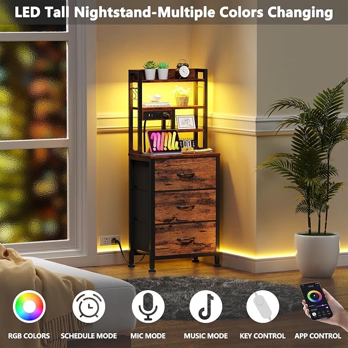 Tall Nightstand, 45.3" Bedside Table & End Table, 3 Fabric Drawers | RGB LED Lights & USB Ports & type-C, App + Key Control, 4-Tier Storage Shelves, Night Stand for Bedroom/Dorm/Office