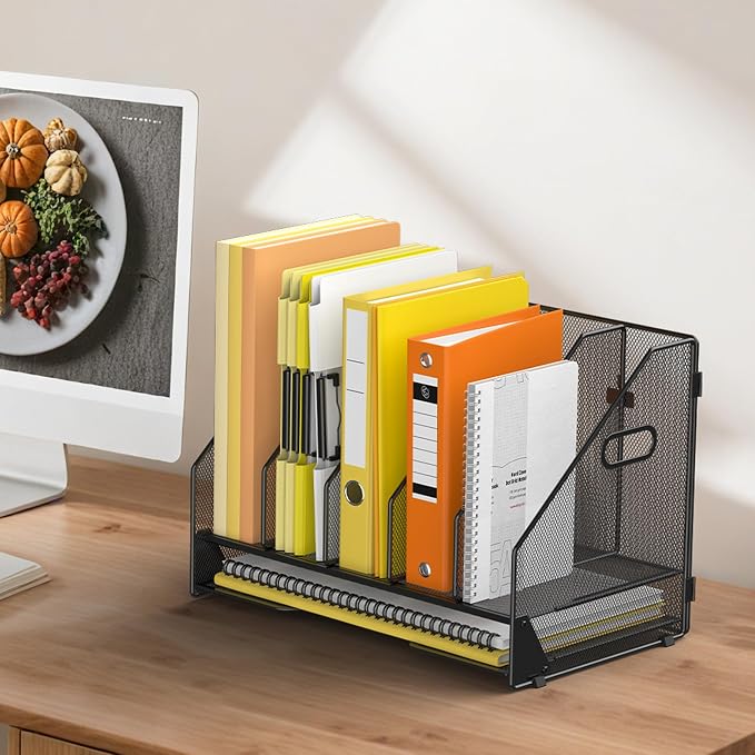 Docnest Mesh Desk File Organizer, 5 Vertical Compartment Box Sorter, Black | Features 4 removable middle dividers for custom spacing and a bottom letter tray to hold paper, mail, and documents