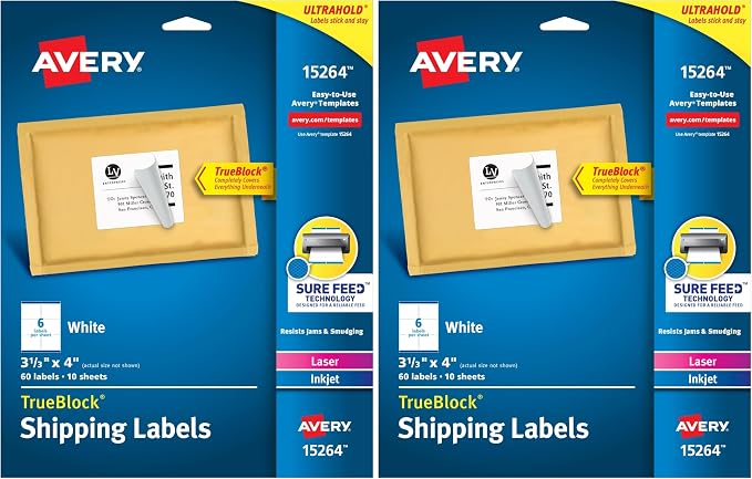 Avery Printable Shipping Labels, Sure Feed Technology, 3-1/3" x 4", White, Laser/Inkjet Printable, 60 Blank Mailing Labels (15264) (Pack of 2)