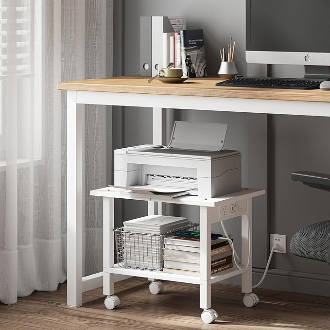 TUTOTAK Printer Stand, 2 Tier Rolling Printer Cart with Charging Station | Small Under Desk Printer Table with Wheels for Small Space, Office, Home, White PS01BW001P