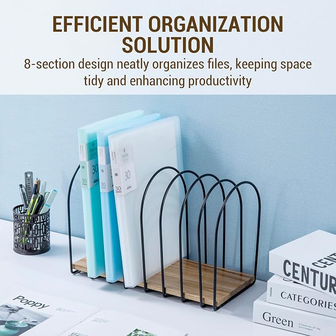 MyGift 14 Inch Large Desktop Document Holder, Premium Acacia Solid Wood and Black Metal Wire Arch 8 Section File Folder Storage Rack, Office Desk Organizer