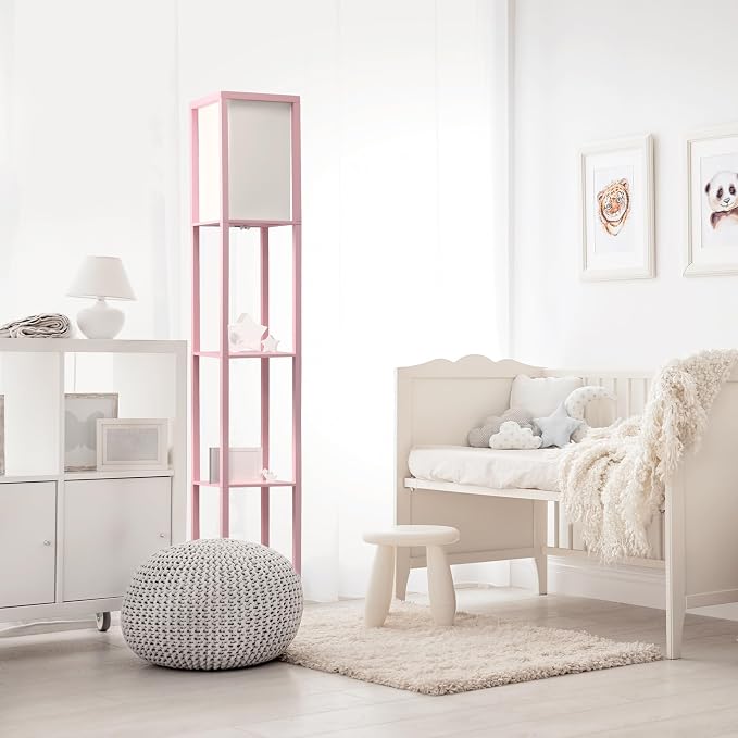 Simple Designs LF1014-LPK Etagere Organizer Storage Shelf Linen Shade Floor Lamp, Light Pink