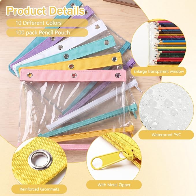 24 Pack Pencil Pouches for 3 Ring Binder Bulk Enlarge Clear Window Pencil Pouches Zipper Pen Case 3 Reinforced Grommet Pen Bag for Binder Utensil Organize Office Supplies(Macaron Colors Series)